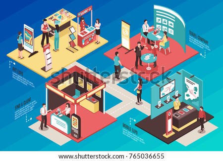 Isometric expo stand exhibition horizontal composition with text and images of different exhibit booths with people vector illustration