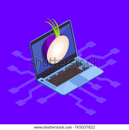 Data encryption cyber security isometric composition with isolated image of laptop computer and tor onion network vector illustration