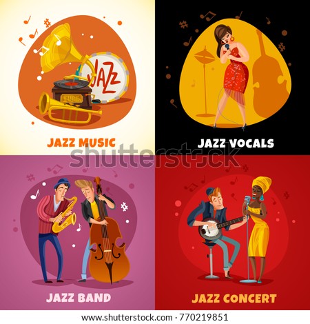 Jazz music design concept with performance in band, concert, women singers, musical instruments isolated vector illustration