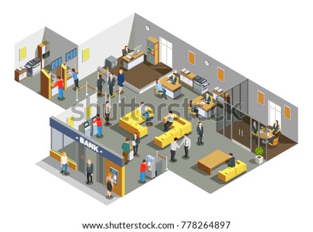 Bank offices interior with customers in waiting area and accounting clerks attending clients isometric composition vector illustration 