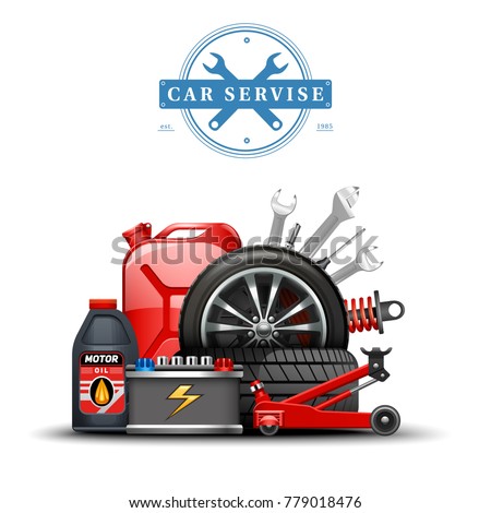 Auto service accessories colorful 3d composition with spanner oil car lift gasoline canister and battery vector illustration 