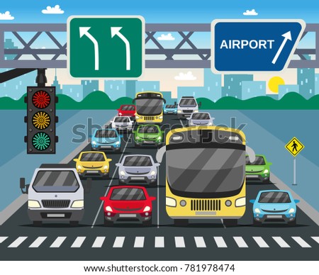 Red traffic light signal on busy street flat image with vehicles standing at zebra crossing vector illustration 