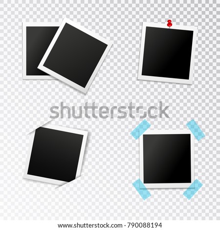 Photo frames set with insertion in slits push pin and scotch on transparent background isolated vector illustration