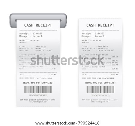 Sales services printed cash receipt coming from register paper roll 2 realistic images set isolated vector illustrations