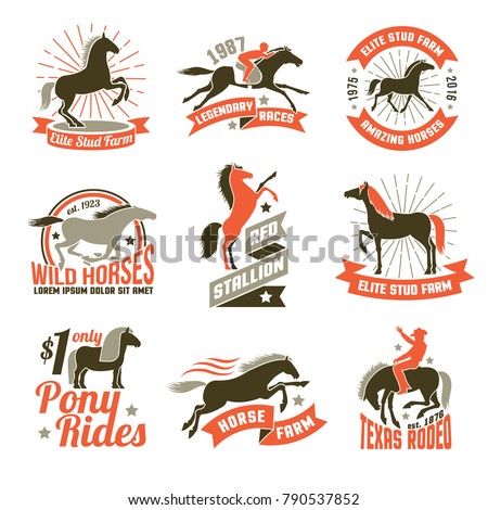 Elite stud farms for horses breeding and jockey clubs historical racing three colored emblems collection isolated vector illustration