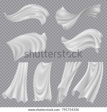 Set of realistic fluttering white cloths, soft lightweight clear material isolated on transparent background vector illustration