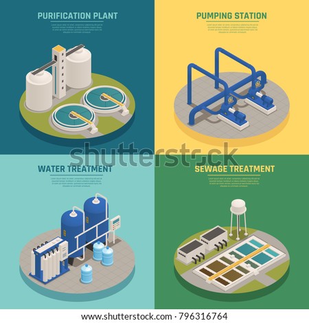 Water cleaning systems 4 isometric icons square with purification plant and sewage treatment background isolated vector illustration  