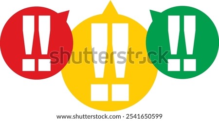 red yellow and green bubble with double exclamation mark white color, exclamation mark vector illustration, isolated on white background.