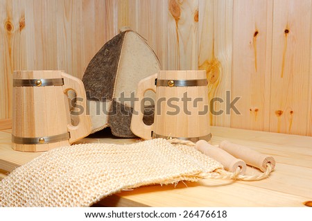 Sauna, beer mug, wash-rag, hat, shelf