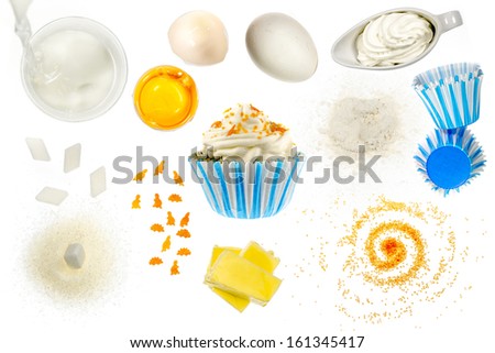 Collage of cupcake ingredients including eggs, sugar, butter, milk, sour cream, flour etc