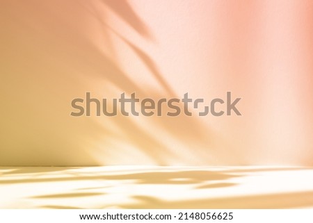 Abstract pink color gradient studio background for product presentation. Empty room with shadows of window and flowers and palm leaves . 3d room with copy space. Summer concert. Blurred backdrop. Сток-фото © 
