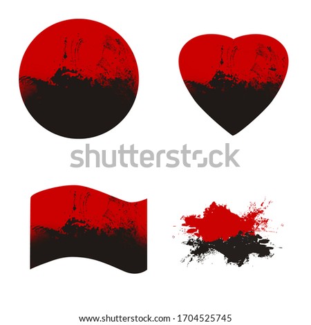 Set with the Ukrainian red-black flag. There is a red-black heart, a circle, a flag and an image of a red-black brush. The entire set is located on a white background.