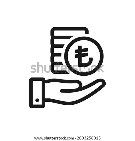 Money income, earning, salary icon design. Stack of Turkish lira coins on hand isolated on white background. Vector illustration