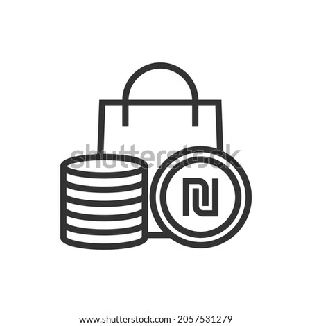 Shekel coins and shopping bag. E-commerce icon concept isolated on white background. Vector illustration