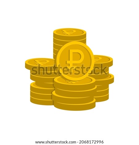 Stack of ruble coins in gold. Money icon 3d style isolated on white background. Vector illustration 