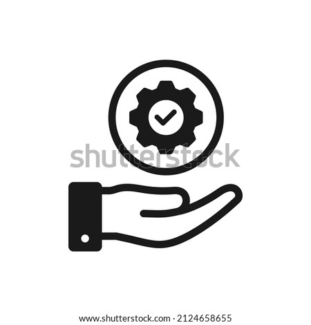Cogwheel and check mark on hand. Execution, progress, development icon design isolated. Vector illustration