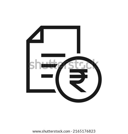 Rupee sign and paper. Financial agreement, tax form, payment receipt icon line style isolated on white background. Vector illustration