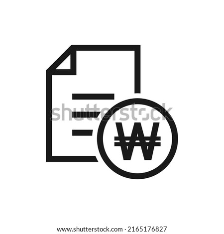 Korean won sign and paper. Financial agreement, tax form, payment receipt icon line style isolated on white background. Vector illustration
