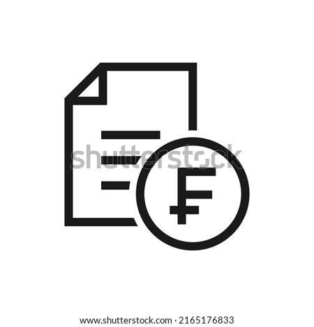 Franc sign and paper. Financial agreement, tax form, payment receipt icon line style isolated on white background. Vector illustration