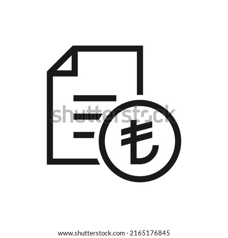 Turkish lira sign and paper. Financial agreement, tax form, payment receipt icon line style isolated on white background. Vector illustration