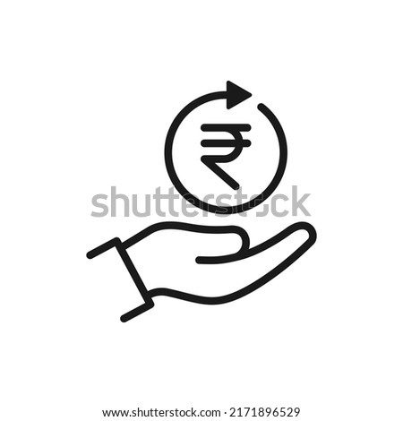 Rupee in circular arrow on hand. Money transaction process icon line style isolated. Vector illustration