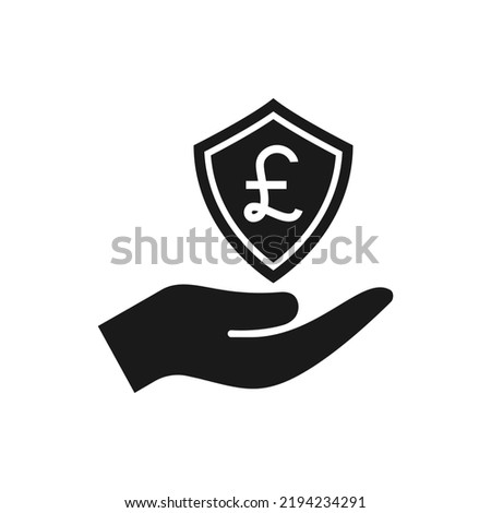 Pound sign with shield on hand. Money protection, secure payment flat icon isolated on white background. Vector illustration