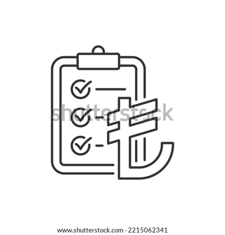 Turkish lira currency sign and clipboard. Money checklist, financial report icon concept isolated on white background. Vector illustration