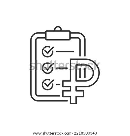 Ruble currency sign and clipboard. Money checklist, financial report line icon isolated on white background. Vector illustration