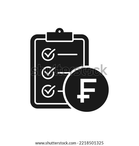 Franc currency sign and clipboard. Money checklist, financial report flat icon isolated on white background. Vector illustration