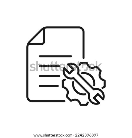 Paper with cogwheel and wrench. Project development, document settings icon line style isolated on white background. Vector illustration