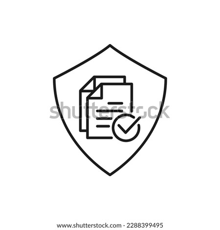 Paper with check mark in a shield. Document protection, secured files line icon isolated on white background. Vector illustration