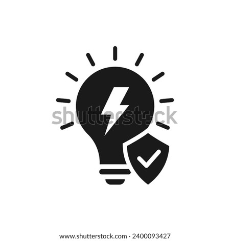 Lightbulb with ceckmark shield. Energy protection icon flat style isolated on white background. Vector illustration