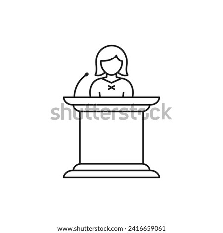 Woman speech on podium. Female speaker icon line style isolated on white background. Vector illustration