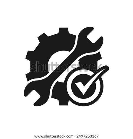 Gear and wrench with checkmark icon flat style isolated on white background. Vector illustration