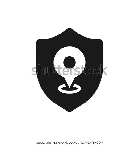 Shield with maps pin. Secured location icon flat style isolated on white background. Vector illustration