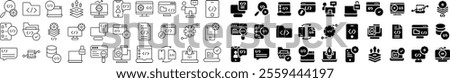 Set of coding and programming icons featuring symbols for software development, data management, web design, and technology. Solid and outline styles, ideal for tech and digital projects.