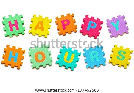 colorful jigsaws arranged as a word happy hours