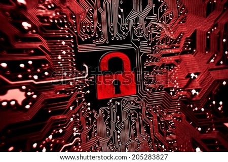 Hacked symbol on computer circuit board with open red padlock