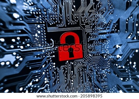 Hacked symbol on computer circuit board with open red padlock