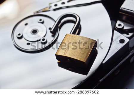 A security lock on computer hard disk / Computer data security breach