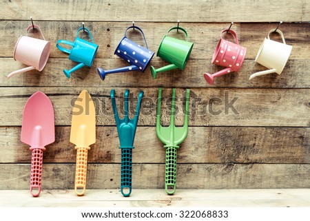 colorful gardening tools on wood background - fork, shovel, rake, bucket, watering can