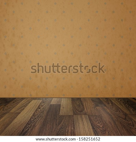 Vintage interior. Empty room with retro wallpaper and wooden floor. Background image. Background for your concept or project.