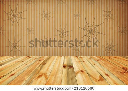 Halloween holiday background with empty wooden floor and wallpaper with web.  Ready for product montage display