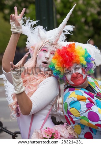 STOCKHOLM, SWEDEN - MAY 31, 2015. Peace and Love Parade. Street party in Stockholm, Clown and woman.