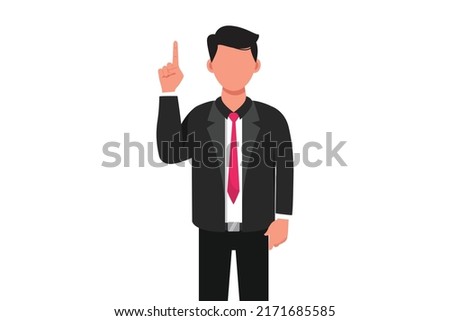 Business flat cartoon style drawing happy businessman pointing index finger up gesture. Male manager raising or lifting hand to upward. Emotion and body language. Graphic design vector illustration