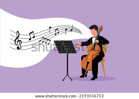 Business flat style drawing young male performer playing on contrabass. Cellist man playing cello, musician playing classical music instrument. Cartoon character graphic design vector illustration