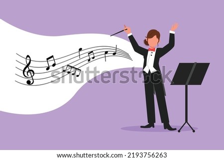 Business design drawing woman music orchestra conductor. Female musician in tuxedo suit with arm gestures. Expressive conductor directs orchestra during performance. Flat cartoon vector illustration