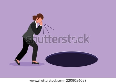 Cartoon flat style drawing of businesswoman scream into pit hole. Woman wondering and looking at big hole, business concept in opportunity, exploration or challenge. Graphic design vector illustration