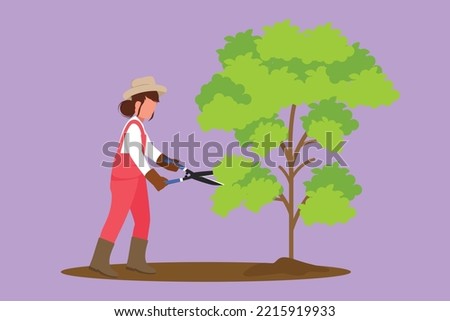 Character flat drawing gardener trims plant in garden, woman cutting tree in park. Pruning shears for cutting foliage. Landscape designer in overalls with scissors. Cartoon design vector illustration