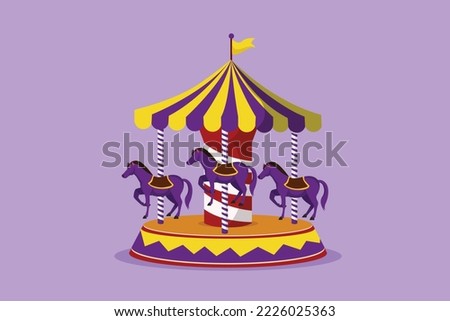 Character flat drawing of colorful horse carousel in amusement park with horses spinning under the tent with flag. Happy childhood. Play on funfair outdoor festival. Cartoon design vector illustration